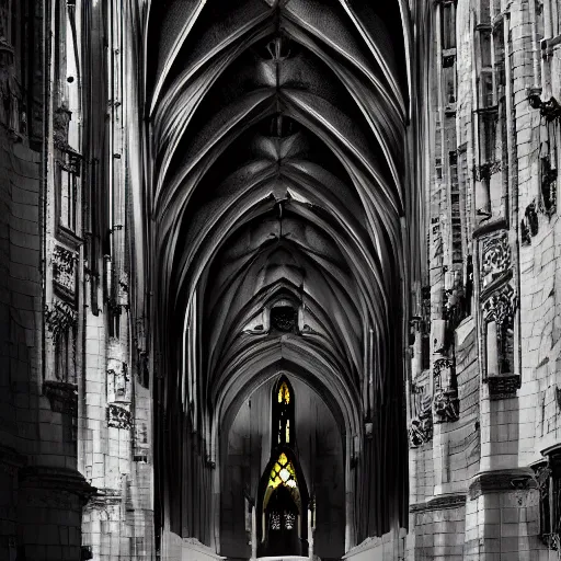 Image similar to architectural shot, no decaying lines, alabaster gothic cathedral, black opal skin, gothic girl dressed in black with macro head face