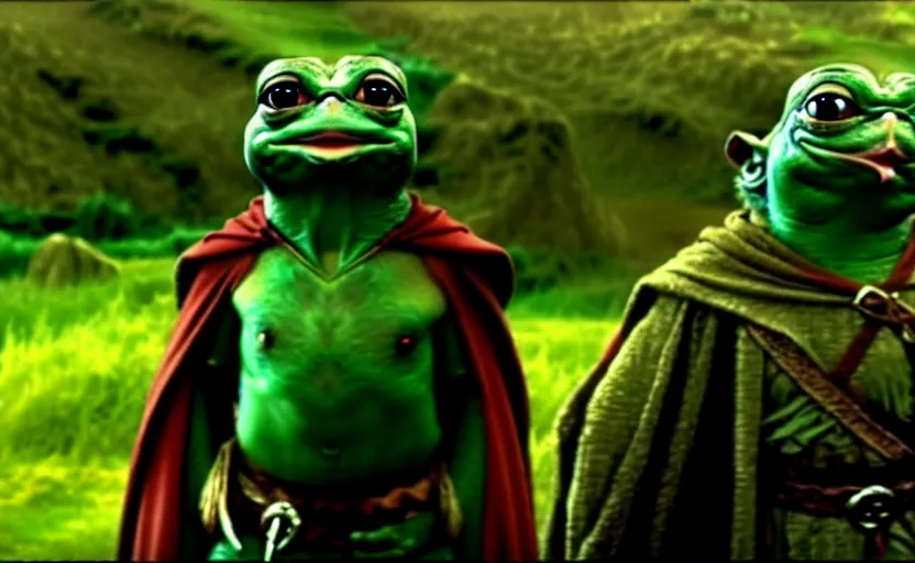 Image similar to frame from pepe lord of the rings movie