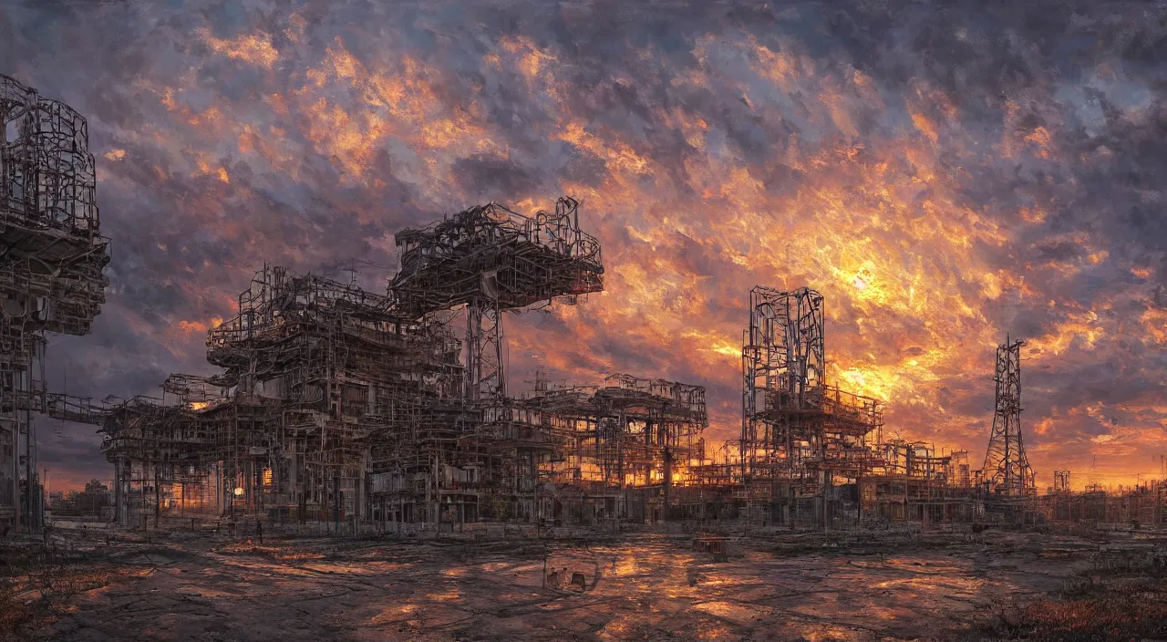 Prompt: a Stunning oil painting of Pripyat by gerg rutkowski,sunset,hyper detailed,Masterpieces,8K Resolution
