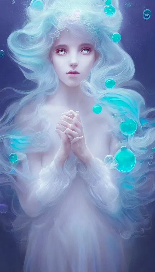 Image similar to portrait of magical ghost girl, ethereal , cloudy, transparaît, gradient white cyan, dreamy and ethereal, (colour) eyes, peaceful expression, ornate frilly dress, fantasy, intricate, elegant, rainbow bubbles, highly detailed, digital painting, artstation, concept art, smooth, sharp focus, illustration, art by artgerm and greg rutkowski and alphonse mucha