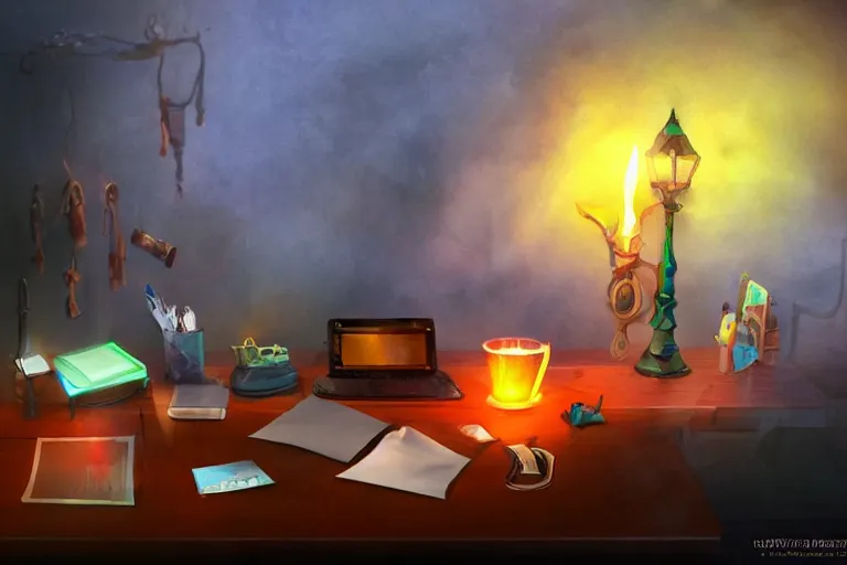 Prompt: office desk with a spilled glowing orange potion, 1 2 th century fantasy photograph, featured on pixiv, magical potion