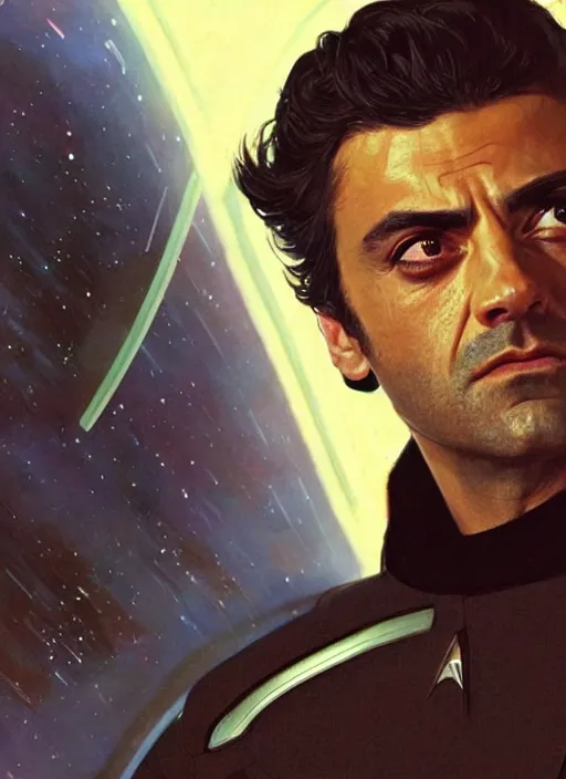 Image similar to oscar isaac as a star trek captain, a still from star trek painted by artgerm and greg rutkowski and alphonse mucha. clear highly detailed face, beautiful sci fi art