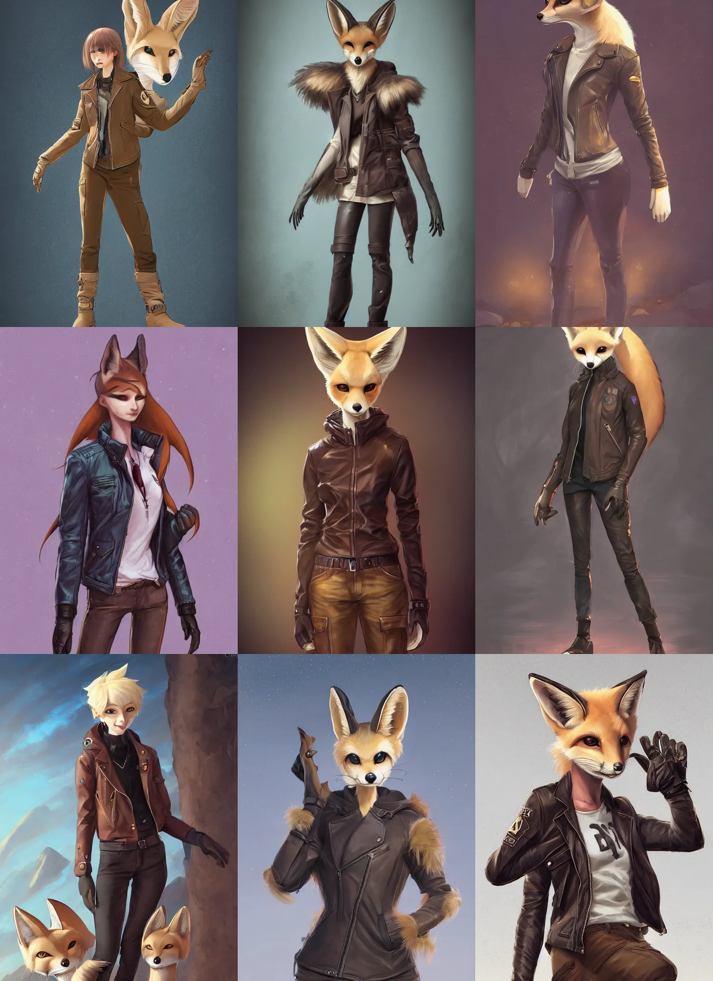 Image similar to beautiful portrait of a female anthropomorphic fennec fox fursona wearing a leather jacket. leather gloves. leather boots. cargo pants. character design by charlie bowater, ross tran, artgerm, and makoto shinkai, detailed, soft lighting, rendered in octane