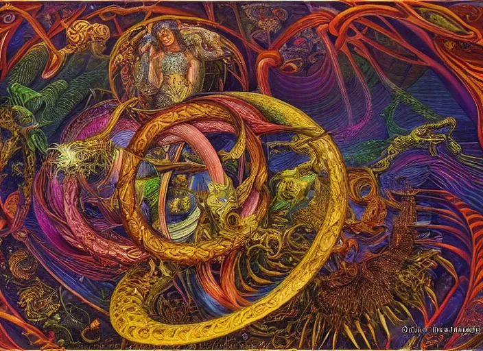 Prompt: the ouroboros of infinite flower universes, by ernst fuchs, dichromatism, paradox, volumetric light, insanely detailed and intricate, hypermaximalist, warm colors, dramatic lighting, smooth, sharp focus, extremely detailed, aesthetically pleasing composition