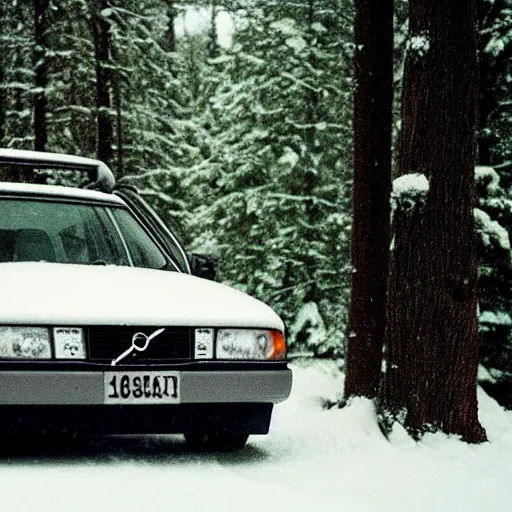 Prompt: vhs footage of a 1 9 9 5 volvo car in a snowy forest