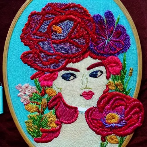 Image similar to a beautiful handmade embroidery of a woman with flowers. hand embroidery.