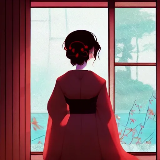 Image similar to a geisha looking longingly out the window hoping to catch a glimpse of her beloved before the storm sets in, ambient lighting, 4 k, lois van baarle, ilya kuvshinov, rossdraws