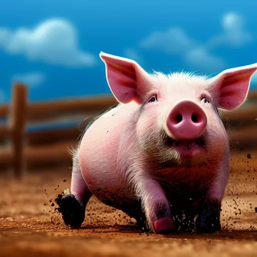 Image similar to a happy pig jumping around in a muddy enclosure. concept art. cute. blue sky. 4 k