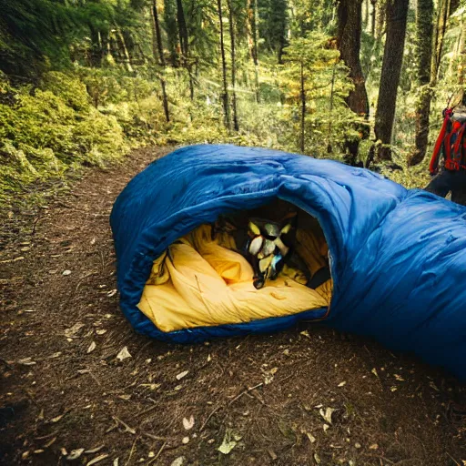 Image similar to a pack of wolves encircling a sleeping bag in a forest