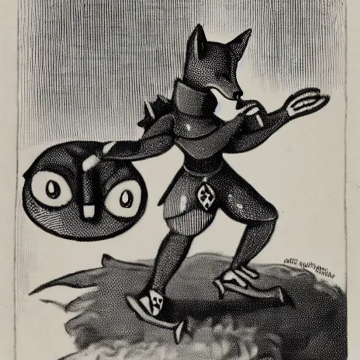 Image similar to anthropomorphic fox who is a medieval knight, 1930s film