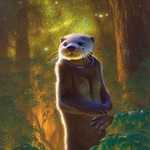 Prompt: a female otter in starfleet uniform at night in a dark forest. zootopia fursona furaffinity furry art detailed face painting by gaston bussiere craig mullins jc leyendecker gustav klimt artgerm greg rutkowski furry