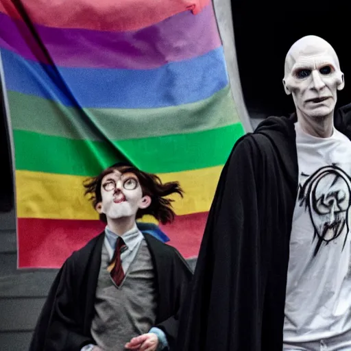 Image similar to harry potter hugging voldemort, pride flag in background