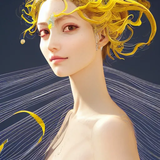 Image similar to the portrait of a sensual lemon that resembles an absurdly beautiful, graceful, elegant woman, an ultrafine hyperdetailed illustration by kim jung gi, irakli nadar, intricate linework, bright colors, octopath traveler, final fantasy, unreal engine 5 highly rendered, global illumination, radiant light, detailed and intricate environment