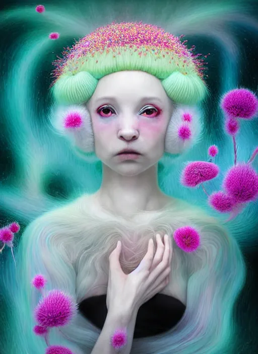 Image similar to hyper detailed 3d render like a Oil painting - kawaii portrait Aurora (white haired Singer Ferret) seen Eating of the Strangling network of yellowcake aerochrome and milky Fruit and Her delicate Hands hold of gossamer polyp blossoms bring iridescent fungal flowers whose spores black the foolish stars by Jacek Yerka, Mariusz Lewandowski, Houdini algorithmic generative render, Abstract brush strokes, Masterpiece, Edward Hopper and James Gilleard, Zdzislaw Beksinski, Mark Ryden, Wolfgang Lettl, hints of Yayoi Kasuma, octane render, 8k