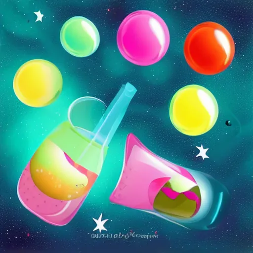 Prompt: bubble tea in space, colorfull, realistic style