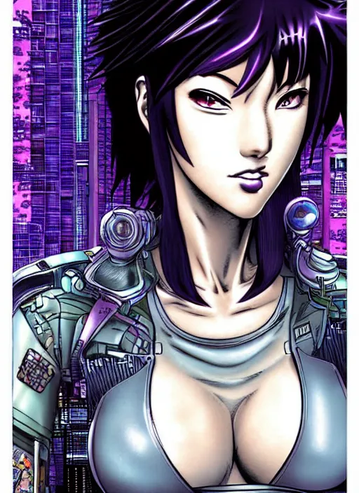 Image similar to motoko kusanagi in grungy cyberpunk megacity, intricate and finely detailed, cyberpunk vaporwave, portrait by j scott campbell