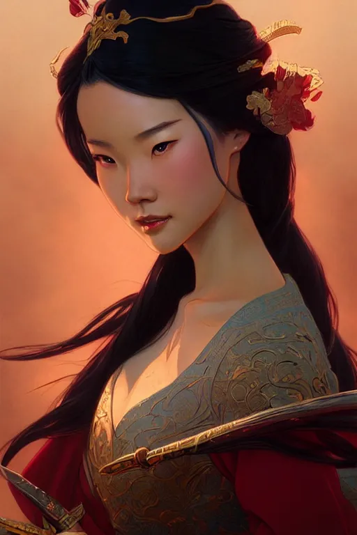 Image similar to Mulan, D&D, fantasy, intricate, elegant, highly detailed, digital painting, artstation, concept art, matte, sharp focus, illustration, art by Artgerm and Greg Rutkowski and Alphonse Mucha