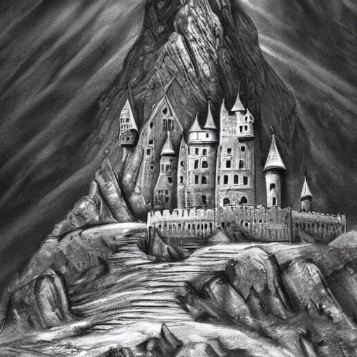 Prompt: a castle inside of a moutain, digital, fantasy, high details, dramatic, dark atmosphere