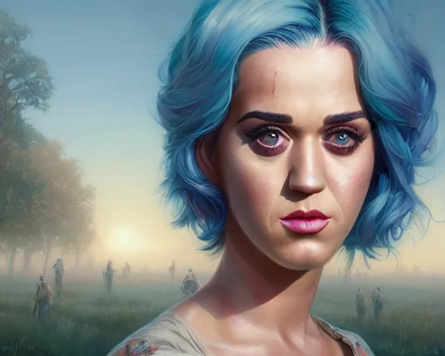 Image similar to highly detailed portrait of katy perry, in the walking dead, stephen bliss, unreal engine, fantasy art by greg rutkowski, loish, rhads, ferdinand knab, makoto shinkai and lois van baarle, ilya kuvshinov, rossdraws, tom bagshaw, global illumination, radiant light, detailed and intricate environment