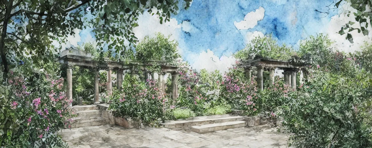 Image similar to delicate marble in a botanic garden, stony, puffy clouds, botanical herbarium paper, watercolor colored painting and pencil, iridescent colors, 8 k, realistic shaded, fine details, artstation, italian, colonnade, vines, flowers, gardena architecture, pompeii