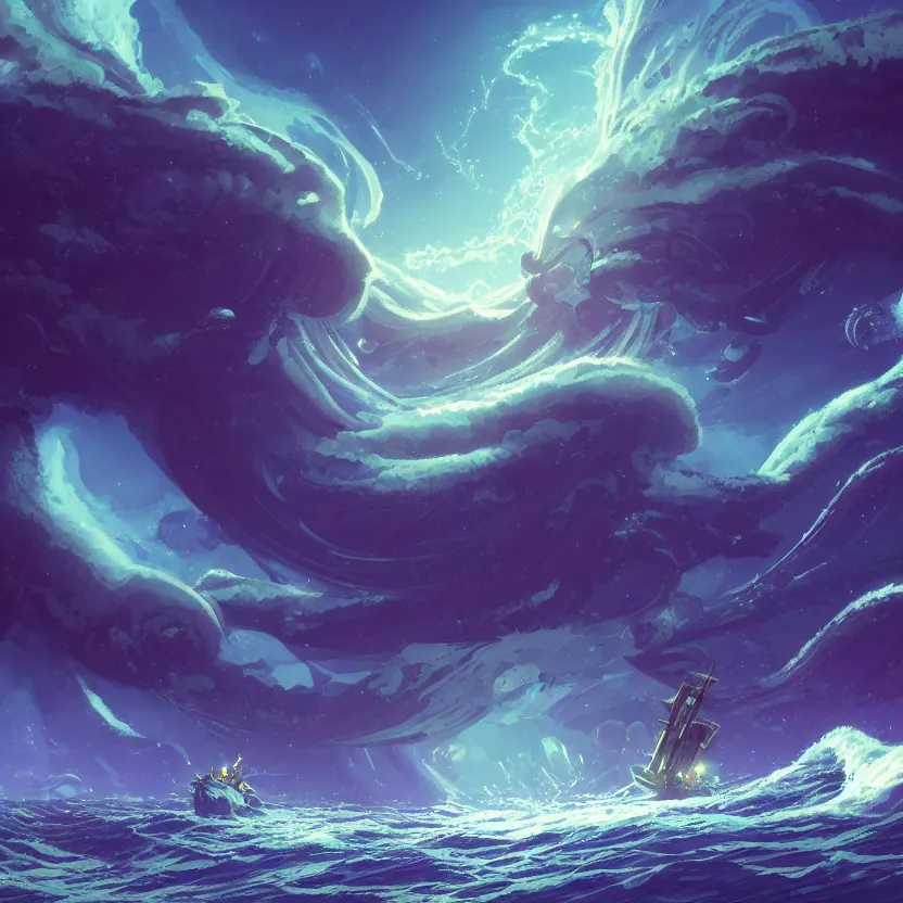 Image similar to treasure planet, kraken in stormy sea with huge waves, clouds, stars, rings, beautiful lighting, vivid colors, intricate, elegant, smooth, highly detailed digital painting, concept art, cinematic, unreal engine, wallpaper, by syd mead, terada katsuya, atey ghailan, svetlin velinov, makoto shinkai art style