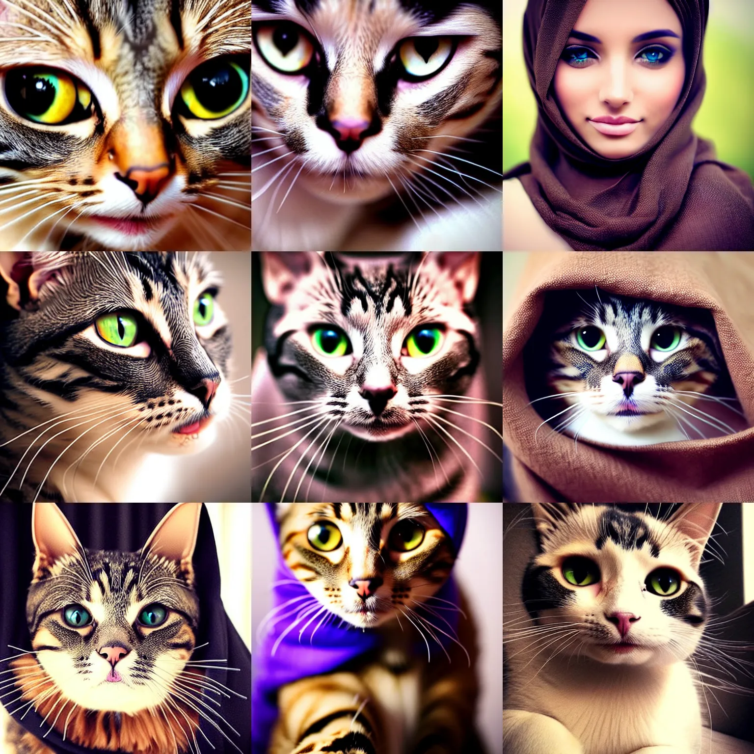 Prompt: beautiful cat!!! wearing hijab!!!, brown eyes, beautiful, portrait, focused