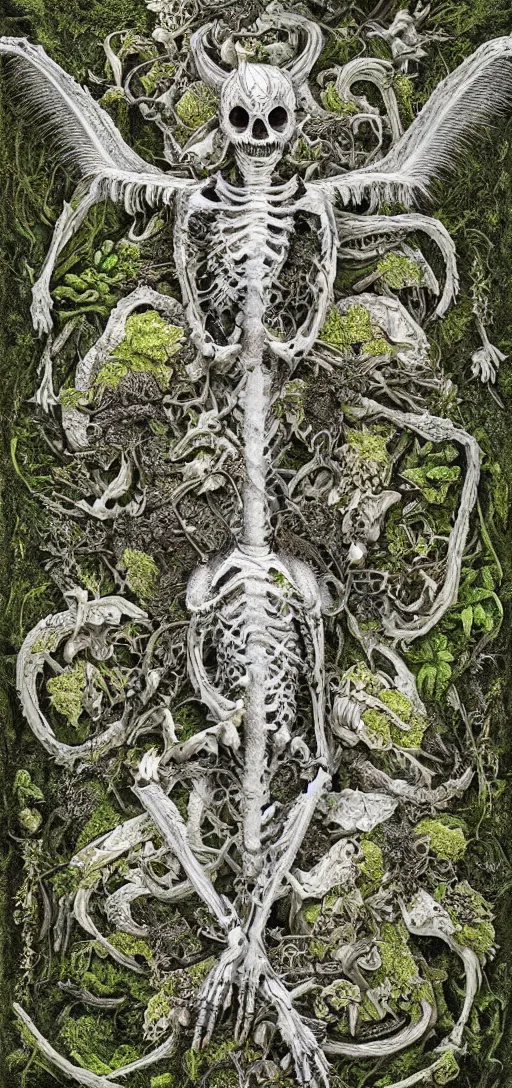 Image similar to white dragon skeleton covered in moss and flowers, intricate details, hyperrealistic, HR Giger