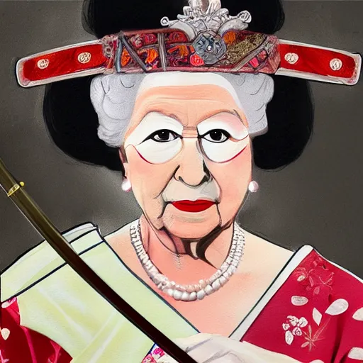 Image similar to a beautiful painting of old queen elizabeth ii dressed as japanese samurai with katana, realistic, portrait, full body, hd, 8 k, 4 k,