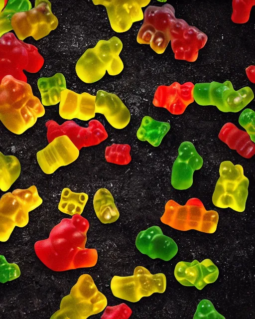 Image similar to national geographic photo of wild gummy bears, wildlife photography, 4 k photo, dynamic lighting