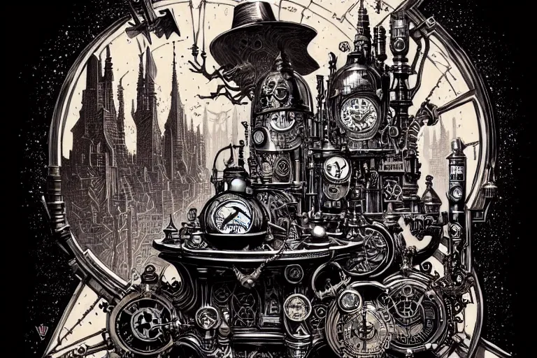 Image similar to a majestic steampunk alchemist wizard table, high details, bold line art, by vincent di fate and joe fenton, inking, etching, screen print, masterpiece, trending on artstation, sharp, high contrast, hyper - detailed, clean strokes, hd, 4 k, 8 k