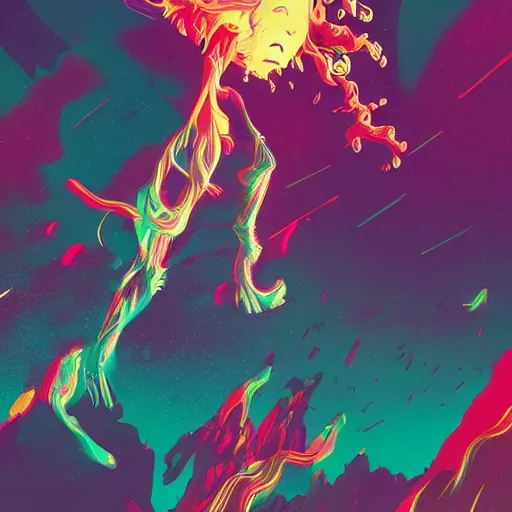 Prompt: giving up the ghost in the great finale of life in the galaxy of our minds, digital illustration, weird, surreal, colorful explosion, by jake parker, by conrad roset, swirly vibrant color lines, aesthetic octane render, high resolution,