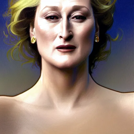 Prompt: painted closeup portrait of meryl streep, masculine, young, charming, majestic, athletic, fantasy, intricate, elegant, extremely detailed digital painting, trending artstation, concept art, sharp focus illustration art by alphonse mucha, greg rutkowski, craig mullins