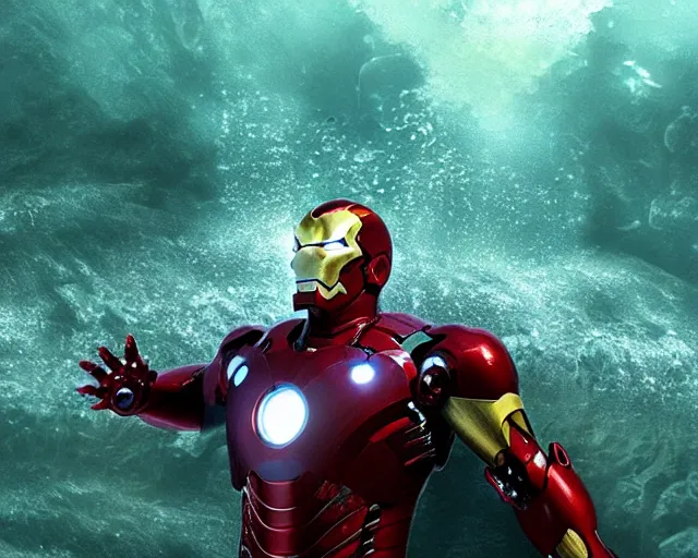 Image similar to iron man submerged under water, cinematic, photoreal, by red dead redemption 2