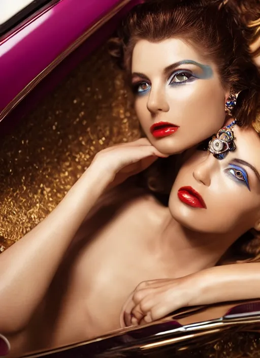 Image similar to a colorchrome closeup photo of a female rococo fashion model, lying on a cadillac front boot, style max fleischer, filmstudio fleischer studios, 8 k unreal engine 8 k