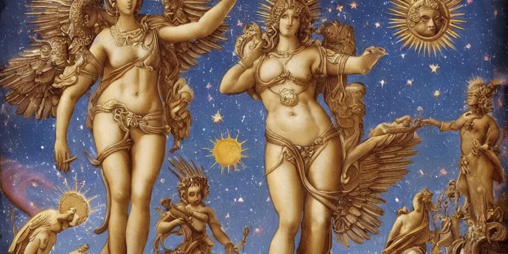 Image similar to majestic neorococo sistina saint Woman Venus godness Athena beautiful gracious pagans marble and gold in space stars clouds doves suns greeks Hyperion