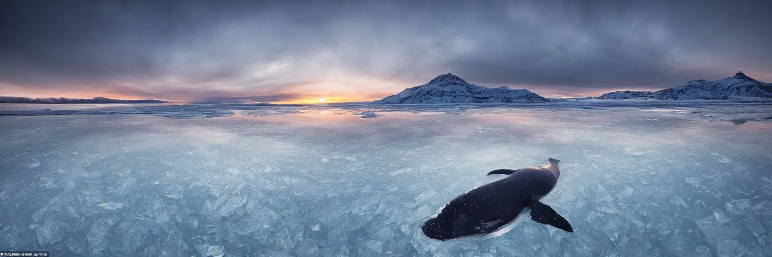 Image similar to amazing landscape photo of a large whale underneath transparent frozen lake at sunset by marc adamus beautiful dramatic lighting