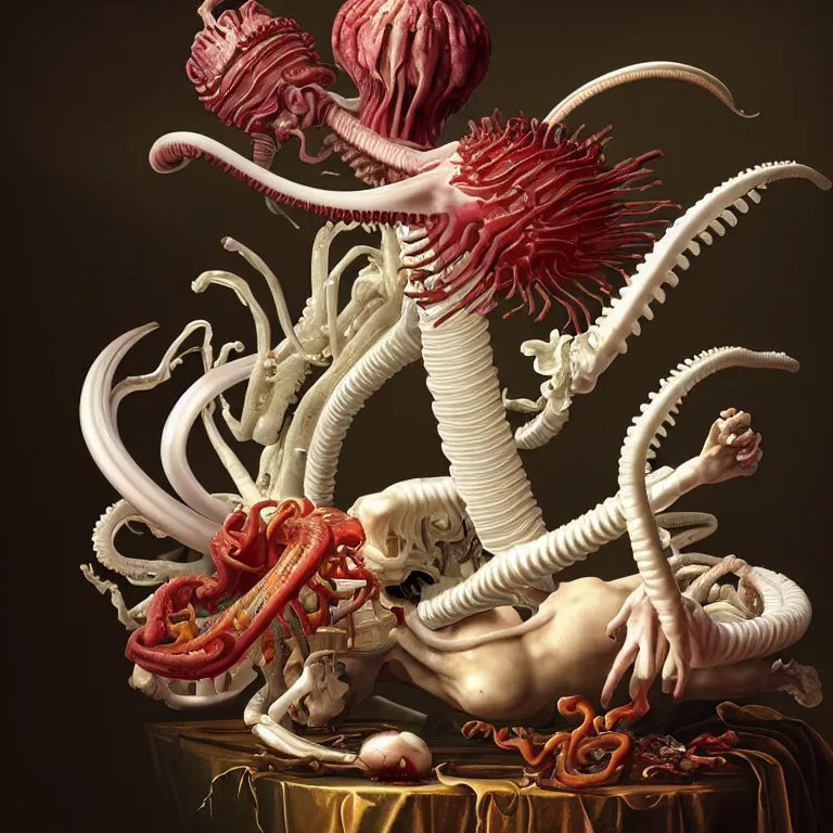 Image similar to still life of white xenomorph, beautiful tropical flowers, human spine, colorful mold, baroque painting, beautiful detailed intricate insanely detailed octane render, 8K artistic photography, photorealistic, chiaroscuro, Raphael, Caravaggio