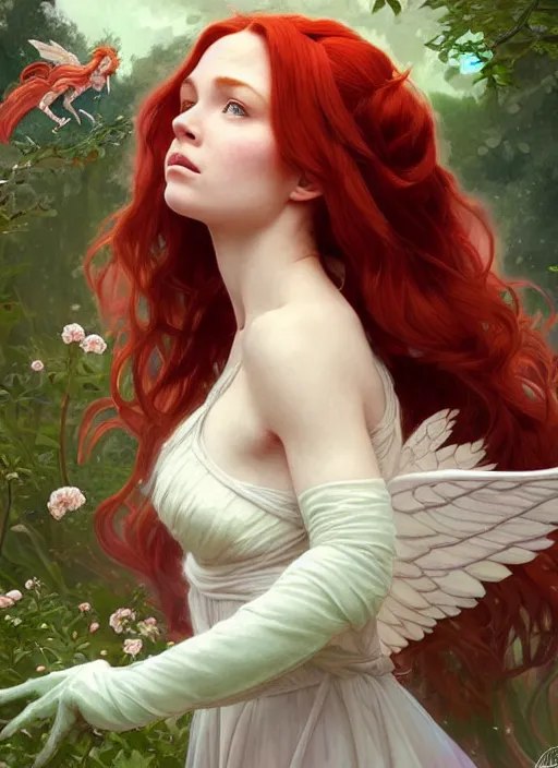 Image similar to a beautiful red haired woman as an angelic fairy princess in a garden, deep focus, d & d, fantasy, intricate, elegant, highly detailed, digital painting, artstation, concept art, matte, sharp focus, illustration, hearthstone, art by artgerm and greg rutkowski and alphonse mucha