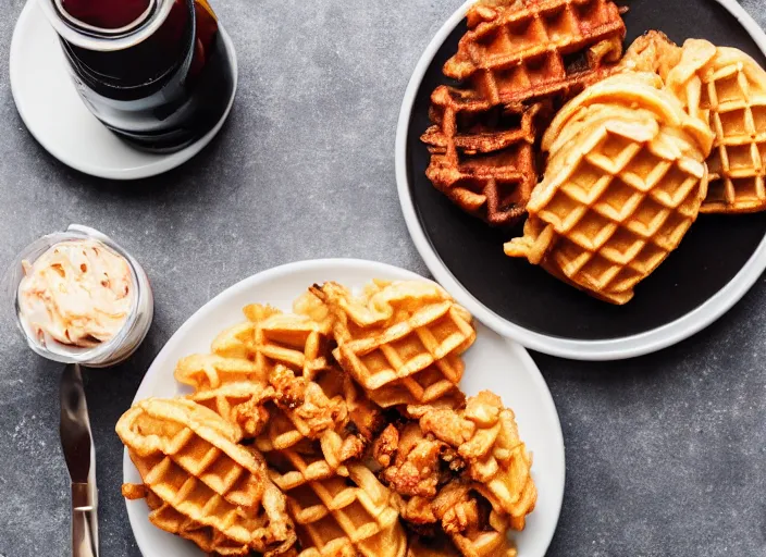 Image similar to dslr food photograph of chicken and waffles with a side of coke slaw, 8 5 mm f 1. 8