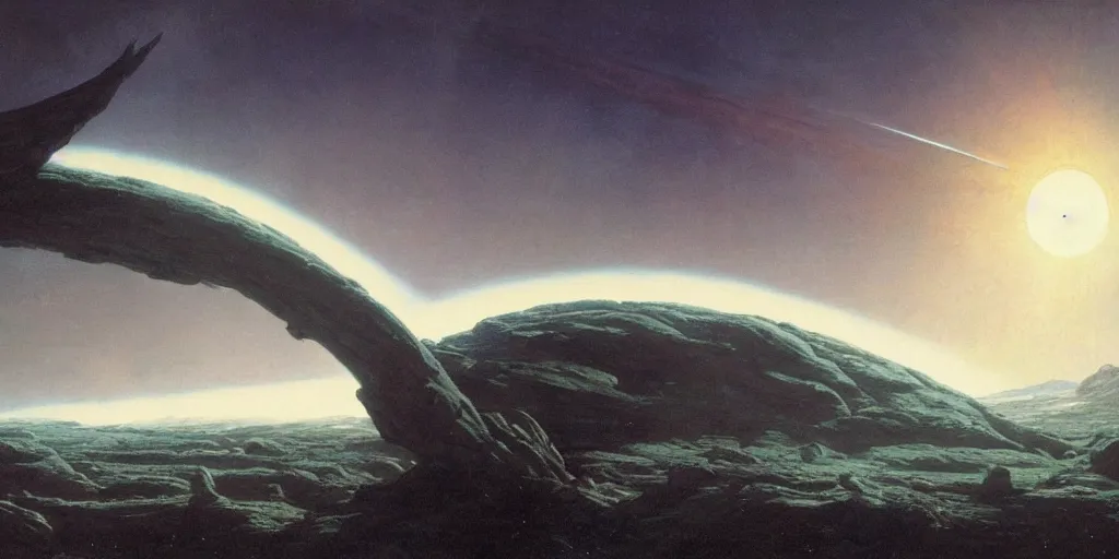 Image similar to large spaceship orbiting over a alien planet, volumetric light from nearby star, style by caspar david friedrich and wayne barlowe and ted nasmith.