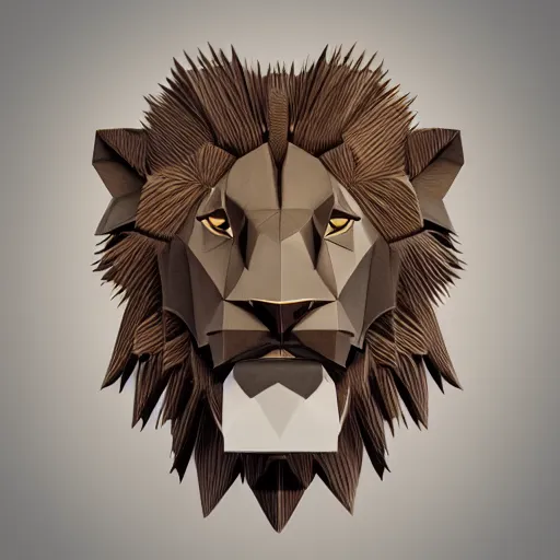 Prompt: origami lion made of wood, symmetrical, photorealistic, octane render, intricate, highly detailed