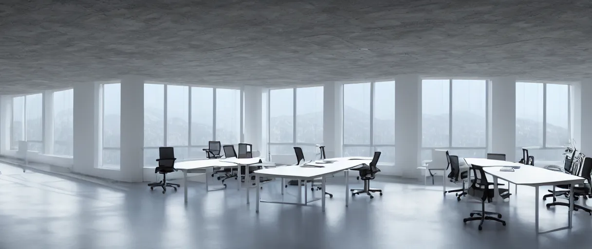 Image similar to large office on top of mountain, modern, well kept, bright, ethereal feel, volumetric lighting, godrays, warm light, high ceiling, table in the middle, office chair, couch, grand, curved windows around the wall, white concrete, plangs in wall, balcony outside, digital art, concept art, high detail,