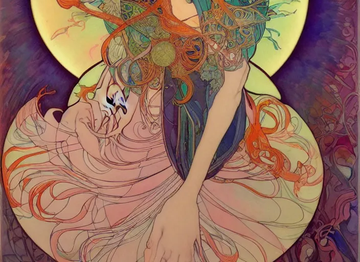 Prompt: The Goddess of Life and Creation, beautiful eyes, symmetrical face, paint, ink, palettes, spectrum, in the style of Joshua Middleton, Mucha, Kandinsky