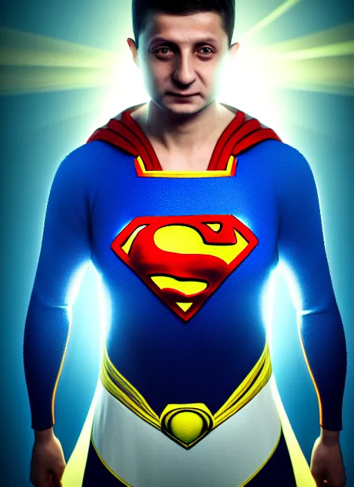 Image similar to volodymyr zelenskyy, ukrainian superman, ukrainian national clothes, portrait of young man, remove s on body and put u, 8 k ultra realistic, lens flare, atmosphere, glow, detailed, intricate, full of colour, led lighting, 4 k, hyperrealistic, focused, extreme details, unreal engine 5, masterpiece