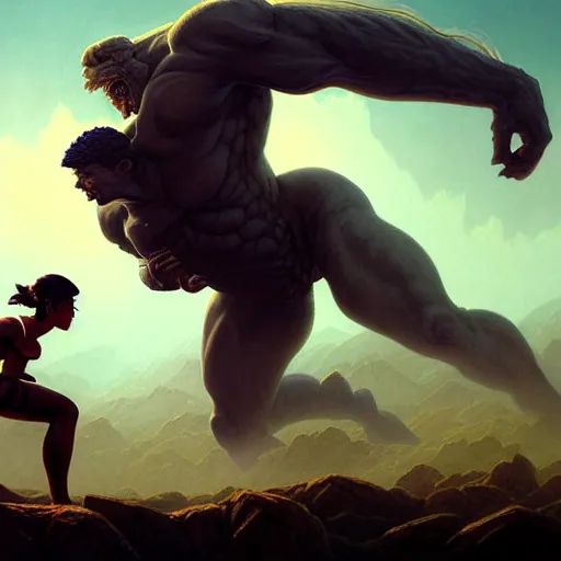 Image similar to highly detailed painting of stoya fighting a looming demigod, dramatic, sense of scale, stephen bliss, unreal engine, greg rutkowski, ilya kuvshinov, ross draws, hyung tae and frank frazetta, tom bagshaw, tom whalen, nicoletta ceccoli, mark ryden, earl norem, global illumination, god rays, windswept