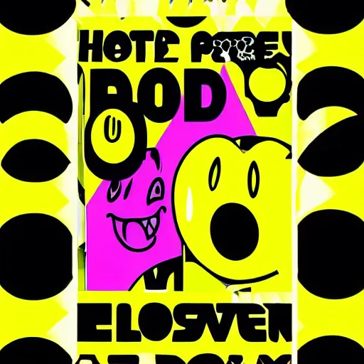 Image similar to acid house rave flyer, poster, smiley face, florescent yellow and black