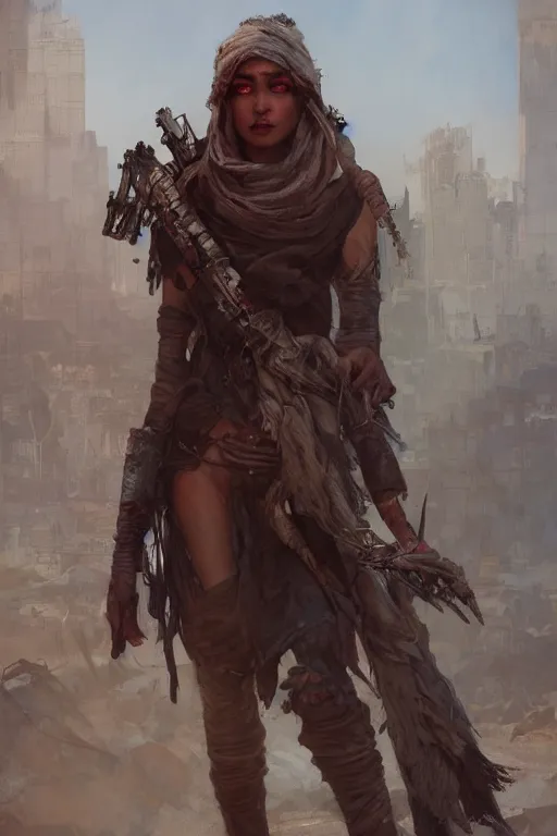 Prompt: a full body portrait of a beautiful post apocalyptic offworld harbor district bedouin blind pulp fiction scarlet wild rogue barbarian leper begging by the roadside, intricate, elegant, highly detailed, digital painting, artstation, concept art, smooth, sharp focus, illustration, art by krenz cushart and artem demura and alphonse mucha