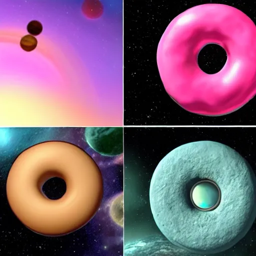 Image similar to humans discovering a lush donut shaped planet in deep space