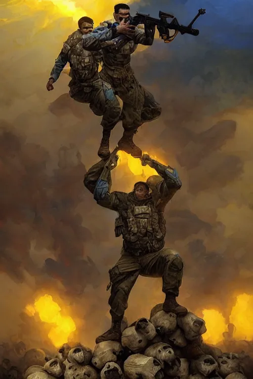 Image similar to special forces soldier with ukrainian blue yellow flag standing on a pile of skulls as a winner, masculine figure, d & d, fantasy, bright atmosphere, volumetric lights, intricate, elegant, extremely detailed, digital painting, artstation, concept art, matte, smooth, sharp focus, hyper realistic, illustration, art by artgerm and greg rutkowski and alphonse mucha