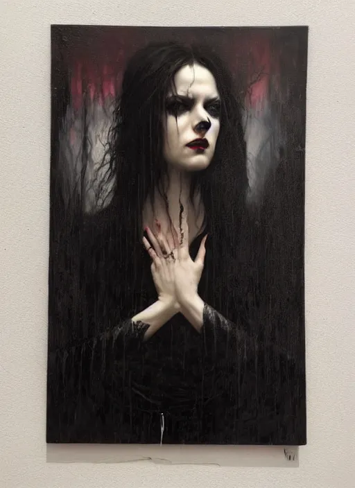 Image similar to mystic cult vampire woman, dark mystical fearful horror, dressed in black, seductive dangerous, perfect, by karol bak, nicola samori, masterpiece